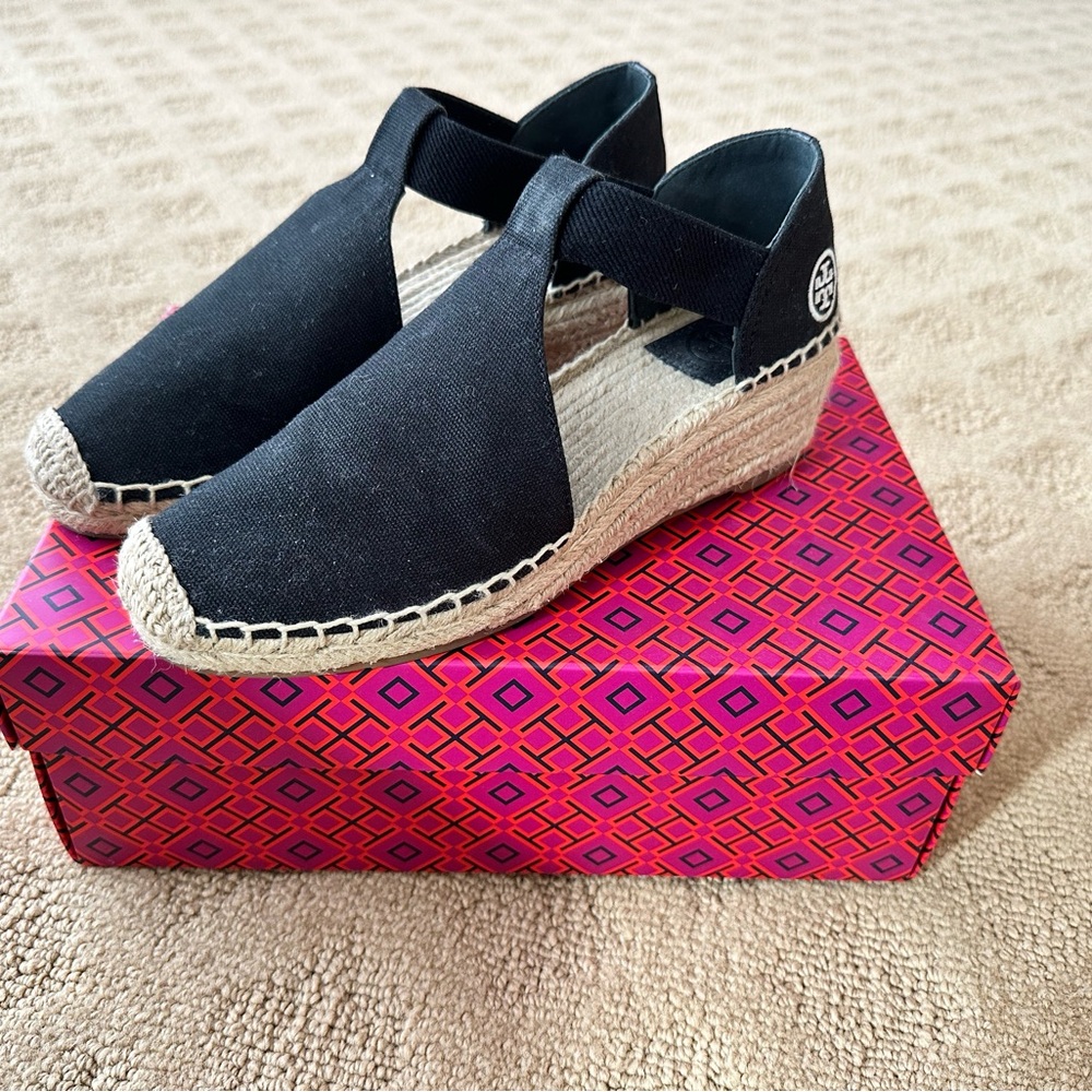 Tory Burch Black Canvas Espadrille Wedge Sandals with Logo Heel